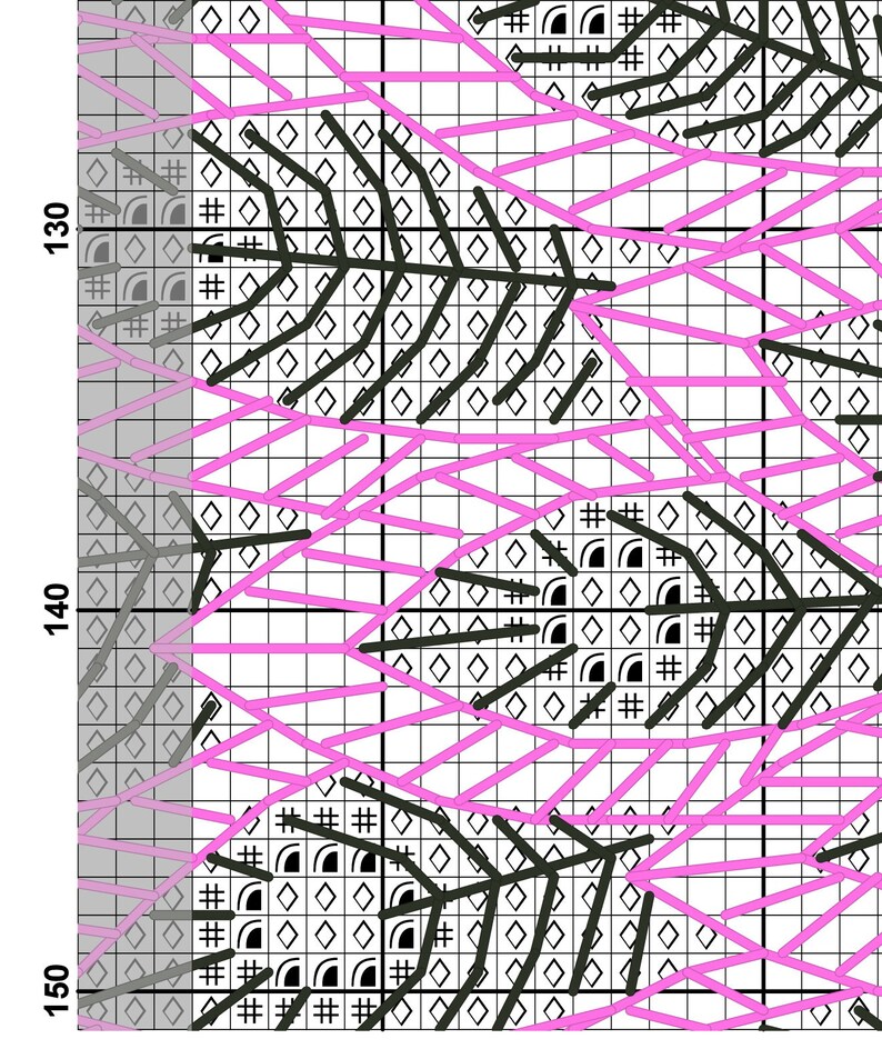 May include: Black and pink cross stitch pattern with a geometric design. The pattern features a repeating motif of overlapping lines and shapes.