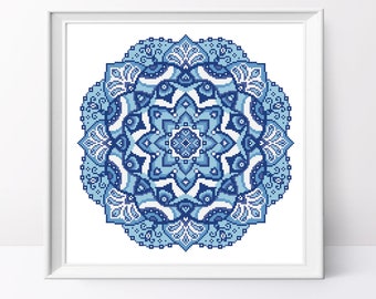 Blaues Mandala-Kreuzstichmuster: Volkskunst Ornament (PDF-Design)