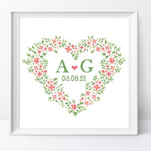 Floral Heart Cross Stitch Pattern: Wedding Love Design (PDF Pattern)