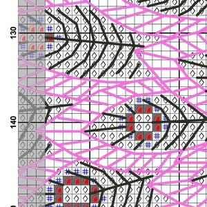 May include: A close-up of a cross-stitch pattern with black, pink, and gray thread. The pattern features a repeating design of leaves and flowers.