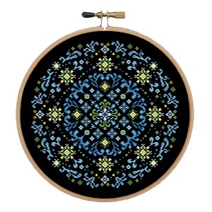 Blue Floral Mandala Cross Stitch Pattern: Geometric Ornament (PDF Pattern)