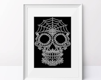 White Sugar Skull Cross Stitch Pattern: Halloween Design (PDF Pattern)
