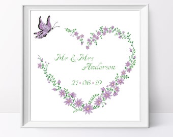 Violet Floral Heart Wedding Cross Stitch Pattern (PDF Pattern)