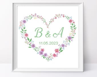 Floral Heart Wedding Cross Stitch Pattern: Violet Flowers (PDF Pattern)