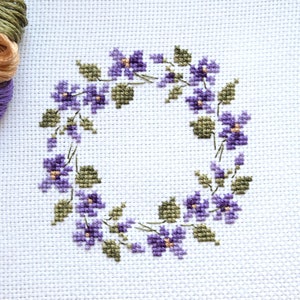 Wreath with violets cross stitch pattern Floral wreath pdf pattern Violets cross stitch design Easter gift Spring design Flower cross stitch