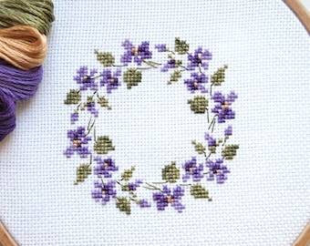 Violet Wreath Cross Stitch Pattern: Floral Spring Design (PDF Pattern)