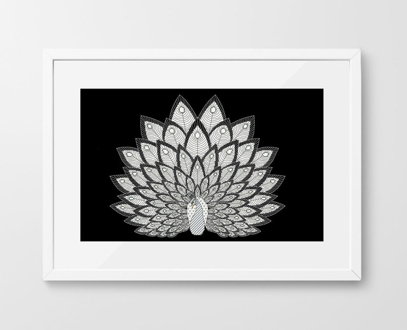 May include: A black and white line art illustration of a peacock with its tail feathers spread out in a fan shape.