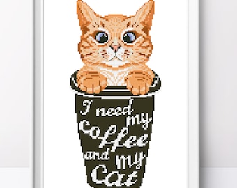 Ginger coffee cat cross stitch pattern. Cat coffee cup pattern. Ginger cat cross stitch. Modern cross stitch pattern. Counted cross stitch.