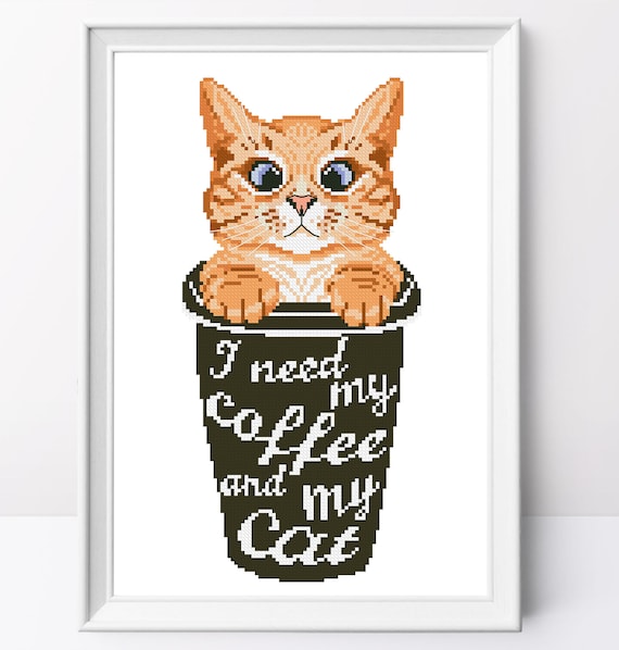 Ginger Cat Coffee Cup Cross Stitch Pattern (PDF Pattern)