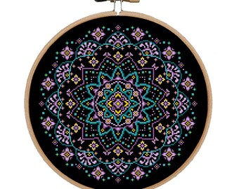 Turquoise Violet Mandala Cross Stitch Pattern: Geometric Boho Ornament (PDF Pattern)