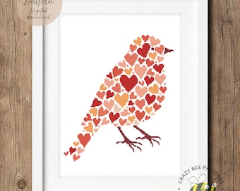 Cross stitch pattern heart bird design, modern love motif, bird love pattern, PDF