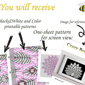 May include: Printable pattern for a white peacock design. The pattern is available in black and white and color versions. The image shows a one-sheet pattern for screen viewing and a sample of the black and white pattern.