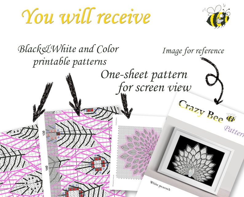 May include: Printable pattern for a white peacock design. The pattern is available in black and white and color versions. The image shows a one-sheet pattern for screen viewing and a sample of the black and white pattern.