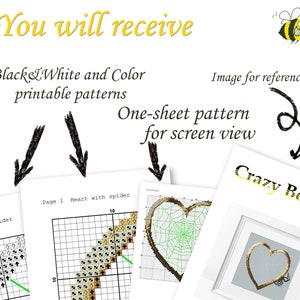 May include: A digital download of a cross-stitch pattern featuring a heart with a spider web inside. The pattern is available in black and white and color versions. The image shows a sample of the pattern and a finished cross-stitch project.