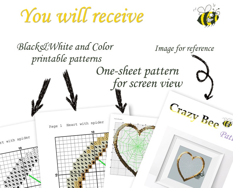 May include: A digital download of a cross-stitch pattern featuring a heart with a spider web inside. The pattern is available in black and white and color versions. The image shows a sample of the pattern and a finished cross-stitch project.