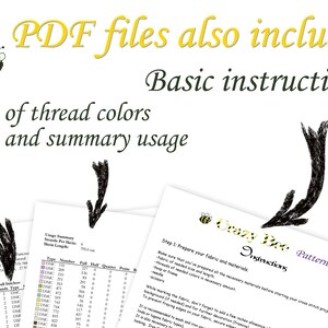 May include: A close-up of a document with the text "Crazy Bee Patterns Instructions" and a table listing thread colours and usage. The document is titled "PDF files also include Basic instructions List of thread colours and summary usage".