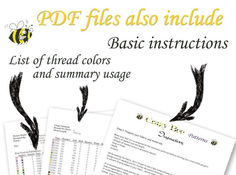May include: A close-up of a document with the text "Crazy Bee Patterns Instructions" and a table listing thread colours and usage. The document is titled "PDF files also include Basic instructions List of thread colours and summary usage".