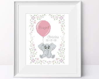 Elephant Nursery Cross Stitch Pattern: Baby Girl Decor (PDF)
