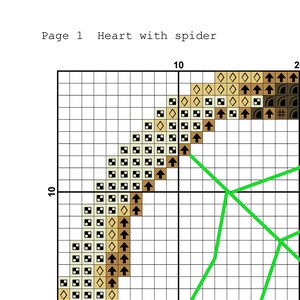 May include: A cross-stitch pattern for a heart with a spider. The pattern is on a grid with black and white squares. The heart is made of brown, beige, and white squares. The spider is made of black and brown squares. The pattern includes instructions for stitching the design.