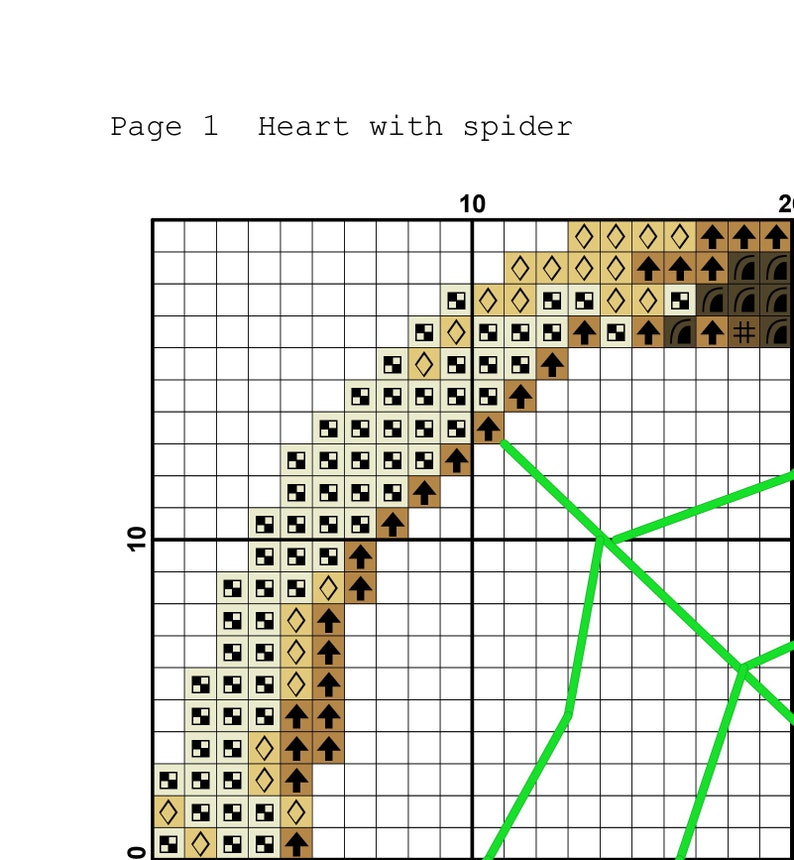 May include: A cross-stitch pattern for a heart with a spider. The pattern is on a grid with black and white squares. The heart is made of brown, beige, and white squares. The spider is made of black and brown squares. The pattern includes instructions for stitching the design.