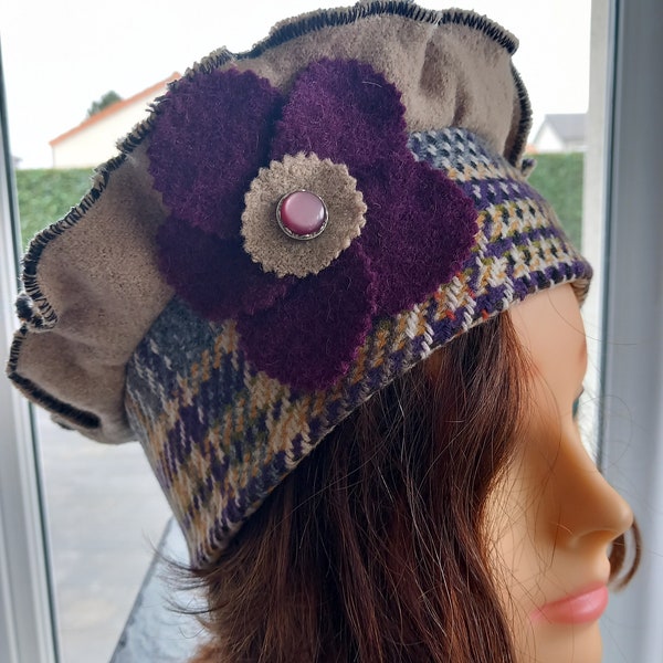 Béret, chapeau femme, bonnet en lainage beige mauve, gris et laine bouillie beige