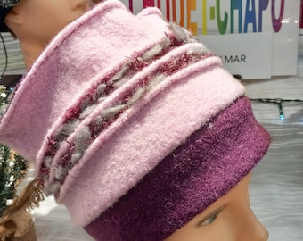 Toque, bonnet, chapeau femme bordeaux et rose en laine bouillie