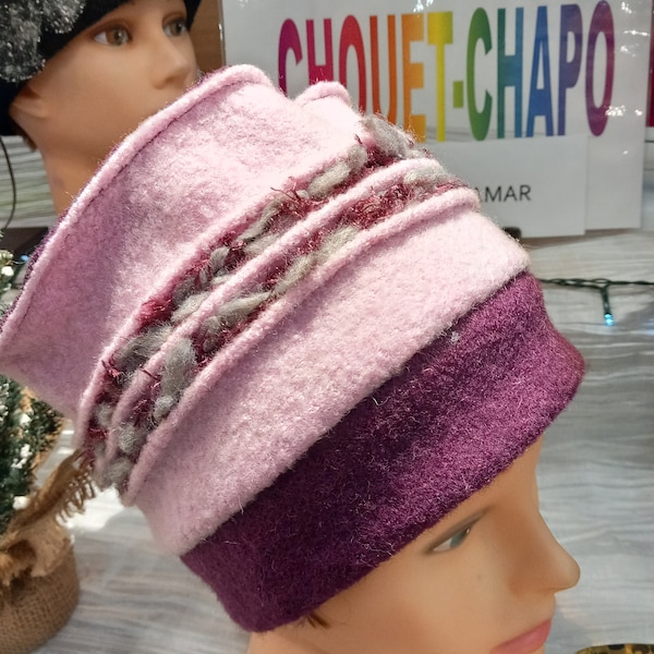 Toque, bonnet, chapeau femme bordeaux et rose en laine bouillie