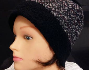 Bonnet, Toque, chapeau femme en laine bouillie noire et chiné gris et bordeaux