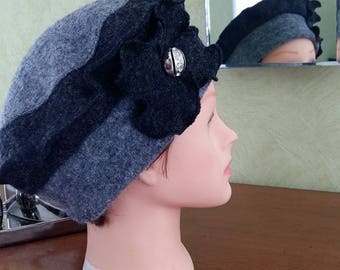 Béret, chapeau femme, bonnet gris claire et anthracite en laine bouillie