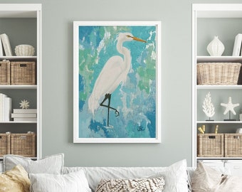 Heron painting , Wading bird , Modern coastal art , Lowcountry decor