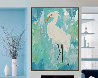Egret wall art #2 , Original bird painting , Egret print , wading bird , Coastal wall art