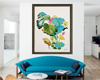Lotus flower wall decor , Lily pad art , Water lily art print , Wading bird