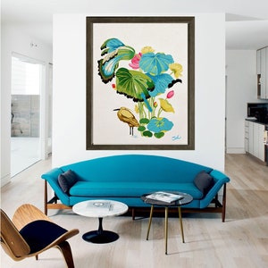 Lotus flower wall decor , Lily pad art , Water lily art print , Wading bird