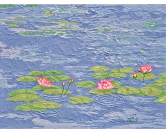 Waterlelieschilderij, roze lotusbloem, waterlelies, decor kusthuisje, cadeau natuurliefhebber