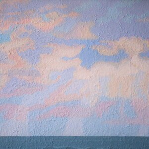 May include: An abstract painting of a sky with pastel colors. The sky is filled with fluffy clouds in shades of pink, peach, and lavender against a light blue background. A dark blue horizontal line suggests a horizon.