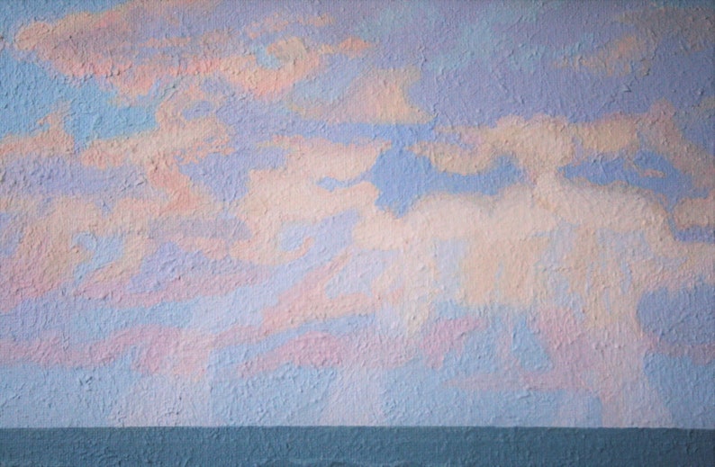 May include: An abstract painting of a sky with pastel colors. The sky is filled with fluffy clouds in shades of pink, peach, and lavender against a light blue background. A dark blue horizontal line suggests a horizon.