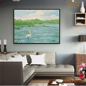 Fine art print , Marsh painting , Original painting , Coastal wall art , Egret in pond