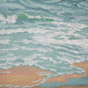 May include: An abstract painting of ocean waves crashing onto a sandy beach. The waves are depicted in shades of blue and white, with hints of green. The beach is painted in warm tones of orange and yellow.
