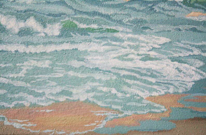 May include: An abstract painting of ocean waves crashing onto a sandy beach. The waves are depicted in shades of blue and white, with hints of green. The beach is painted in warm tones of orange and yellow.