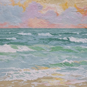 May include: An oil painting of a seascape with a textured, impressionistic style. The ocean is in shades of blue and green, with white waves. The sky features pastel pink, orange, and yellow clouds. The beach is a sandy beige colour.