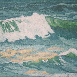 May include: An abstract painting of ocean waves. The artwork features shades of blue and green, with white foam cresting the waves. The painting captures the movement and texture of the sea.