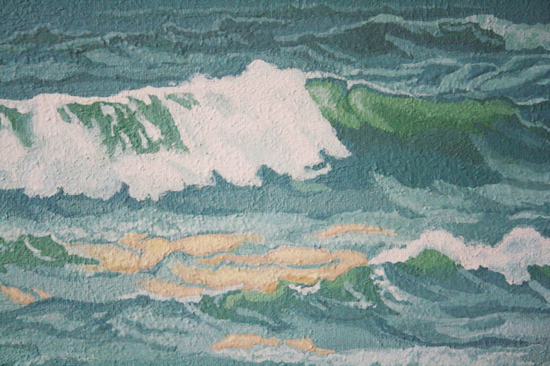 May include: An abstract painting of ocean waves. The artwork features shades of blue and green, with white foam cresting the waves. The painting captures the movement and texture of the sea.