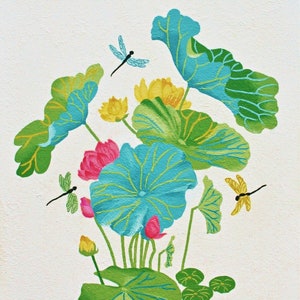 This lotus flower art print is a copy of my acrylic painting of a vibrant lotus pond arrangement on a textured white background. Large lotus leaves in shades of turquoise, teal, and bright green with distinct yellow-green veins dominate the center. The composition features yellow and bright pink lotus flowers in bloom, and small buds. Three dragonflies—one blue, one green, and one yellow—hover around the foliage. My artist's signature, "JeC," is written in blue in the bottom right corner.