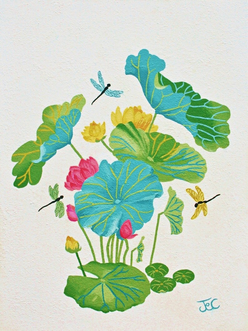 This lotus flower art print is a copy of my acrylic painting of a vibrant lotus pond arrangement on a textured white background. Large lotus leaves in shades of turquoise, teal, and bright green with distinct yellow-green veins dominate the center. The composition features yellow and bright pink lotus flowers in bloom, and small buds. Three dragonflies—one blue, one green, and one yellow—hover around the foliage. My artist's signature, "JeC," is written in blue in the bottom right corner.