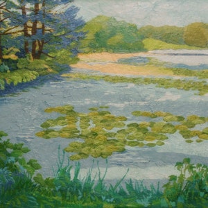 Lake landscape painting, Water lily print, Coastal landscape, Coastal wall decor, Lily pad art, Water lily art