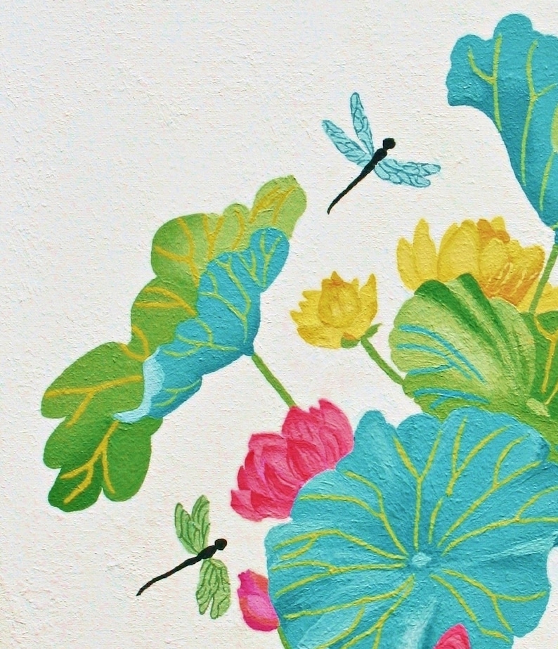 My painting of blue, green, and yellow lotus flowers with dragonfly accents on a white background.