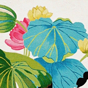 Print of my original water lilies painting featuring a nature scene with a golden wading bird and vibrant lotus plants against a white background. A long-beaked, golden-brown bird stands in ripples of water at the bottom left. Large, oversized lily pads in shades of bright green, teal, and turquoise dominate the center, detailed with delicate blue veins and scalloped dark edges. Soft pink and pale yellow lotus blossoms bloom on tall, slender stems. Signed "JeC" in script at the bottom right.