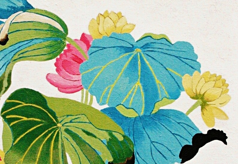Print of my original water lilies painting featuring a nature scene with a golden wading bird and vibrant lotus plants against a white background. A long-beaked, golden-brown bird stands in ripples of water at the bottom left. Large, oversized lily pads in shades of bright green, teal, and turquoise dominate the center, detailed with delicate blue veins and scalloped dark edges. Soft pink and pale yellow lotus blossoms bloom on tall, slender stems. Signed "JeC" in script at the bottom right.