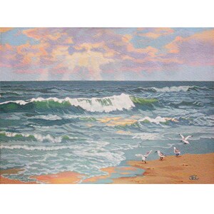 Beach themed decor , Ocean waves print , Outer Banks art , Beach sunrise image 1
