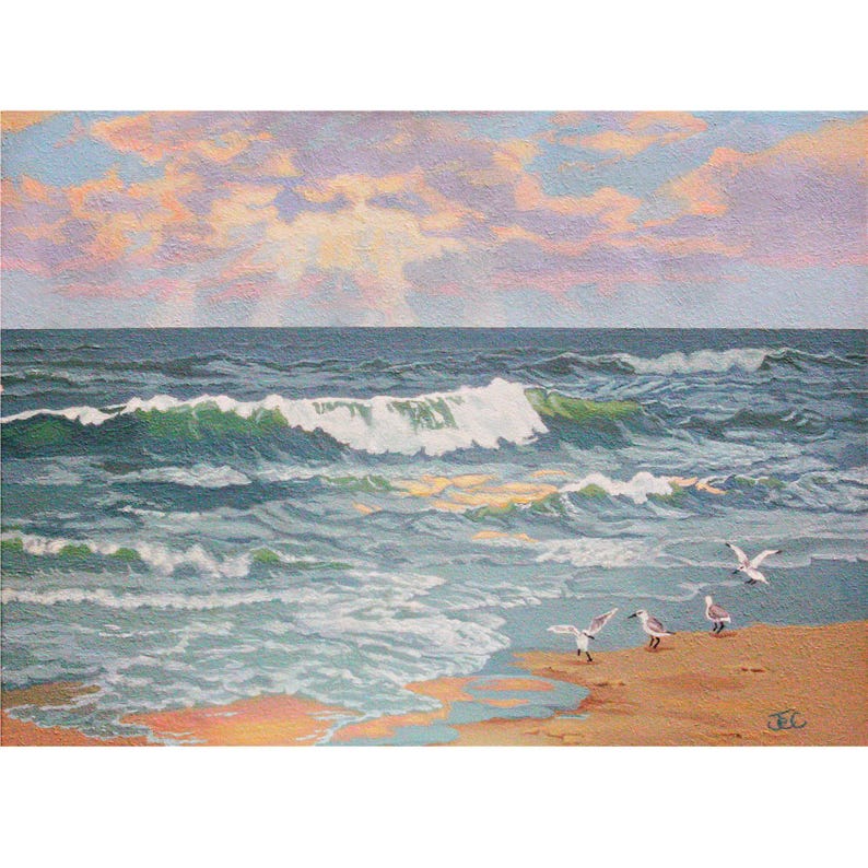Beach themed decor , Ocean waves print , Outer Banks art , Beach sunrise image 1